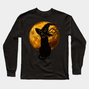 Beautiful Halloween Black Cat with Witch Hat and Full Moon Long Sleeve T-Shirt